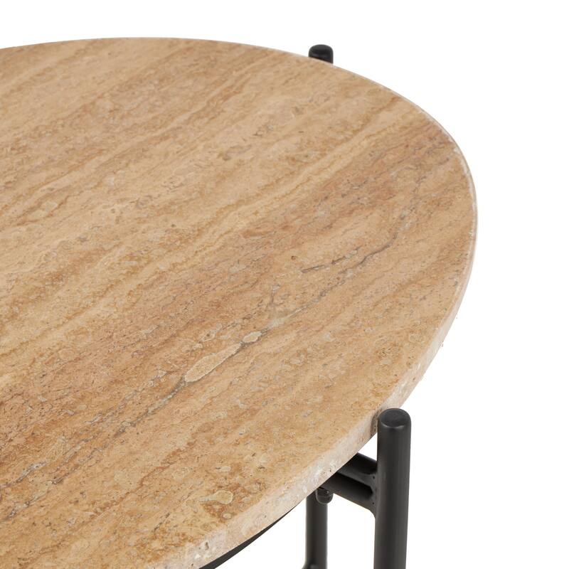 Beige Marble Side End Accent Table with Black Metal Support