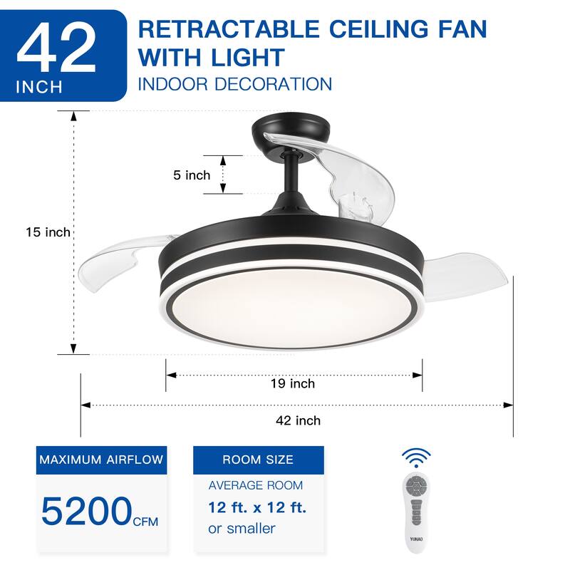42 in. Black Frame Retractable Ceiling Fan with Remote Control