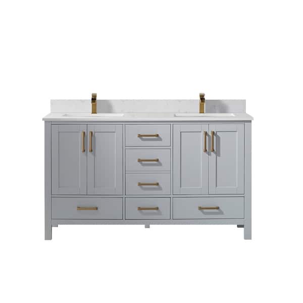 slide 1 of 10, Shannon 60" Double Vanity in Paris Grey and Composite Carrara White Stone Countertop Without Mirror