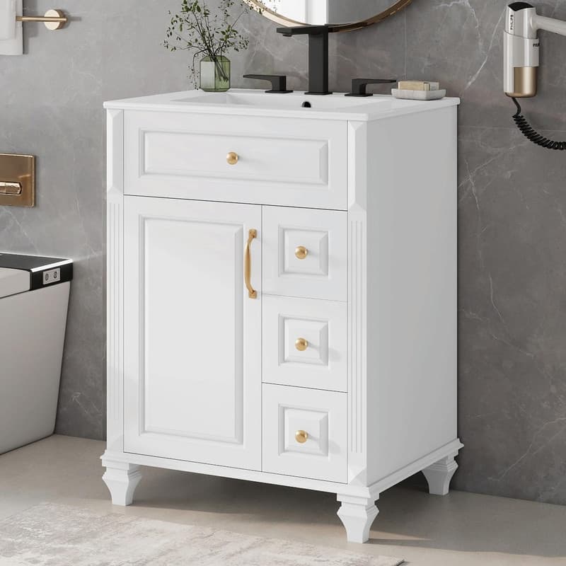 24" Bathroom Vanity with Sink, Freestanding Vanity Cabinet with Flip-Out Drawer, 3 Drawers, Ceramic Top