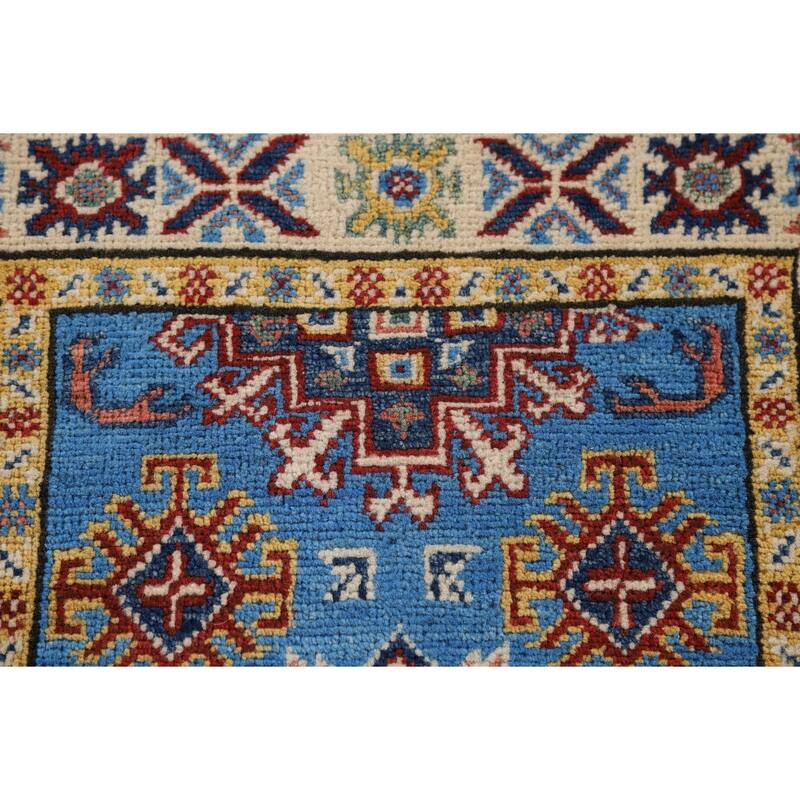 Blue Geometric Kazak Foyer Rug Handmade Oriental Wool Carpet - 2'1" x 3'0"
