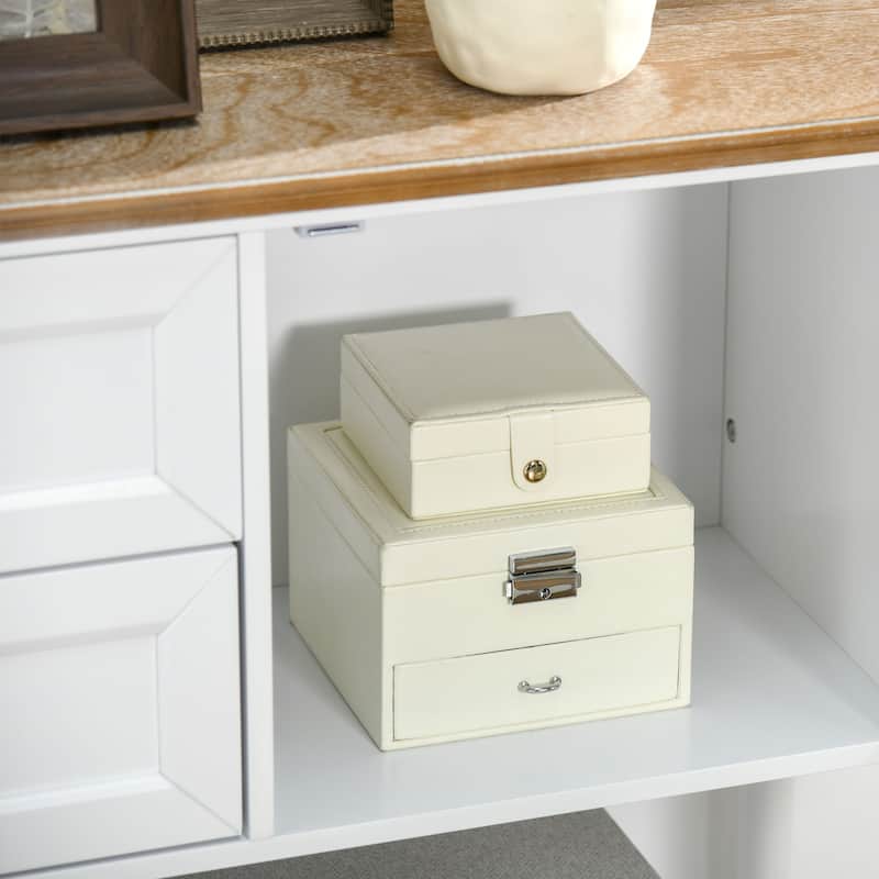 White MDF and Pine Retro Console Table with Storage, Handles and Anti-Tip - 45.25" W x 11.75" D x 32.25" H