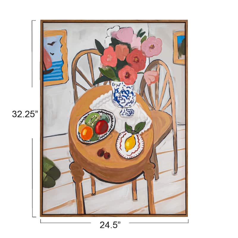 Framed Canvas Hand-Painted Wall Decor with Flowers on Table