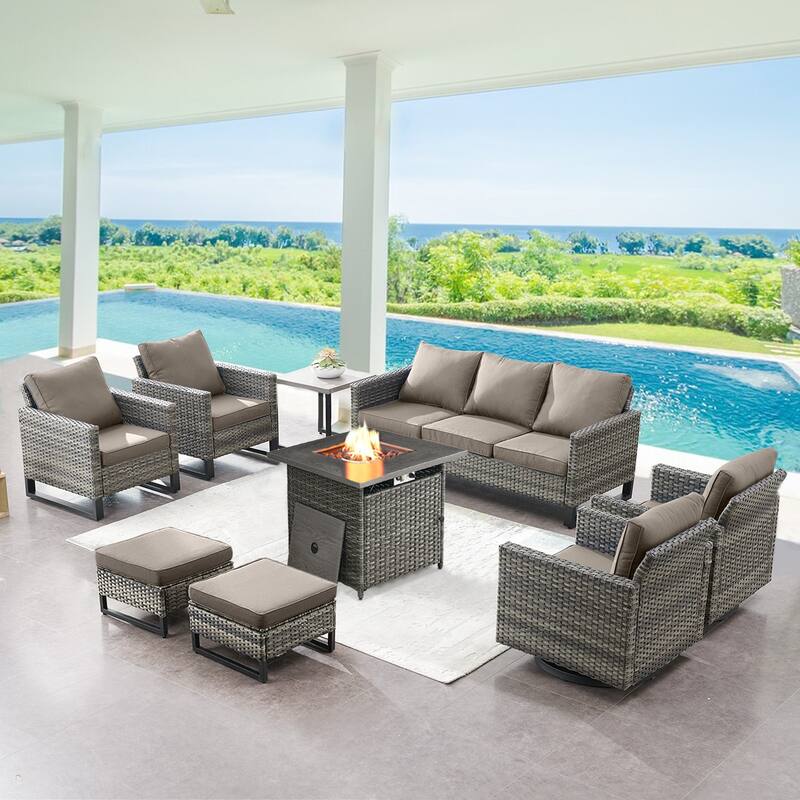 Gymojoy Outdoor Fire Pit Conversation Set, Patio Furniture with Cushions - 8 PCS - Grey Wicker / Grey Cusion