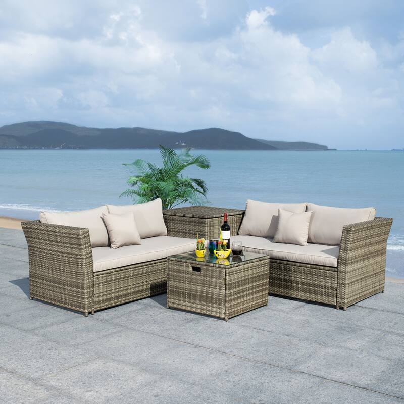 SAFAVIEH Helga Outdoor 4-Piece Conversation Patio Set with Storage - 57"W x 31"D x 26"H