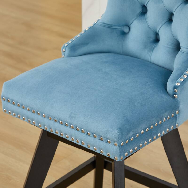 Set of 2,Swivel Velvet Barstools with Button Tufted Decoration and Wooden Legs