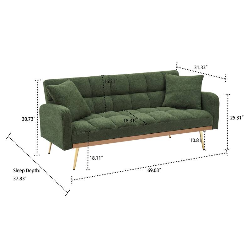 Classic Teddy Fabric Upholstered Convertible Futo Sofa Bed with 2 Throw Pillows