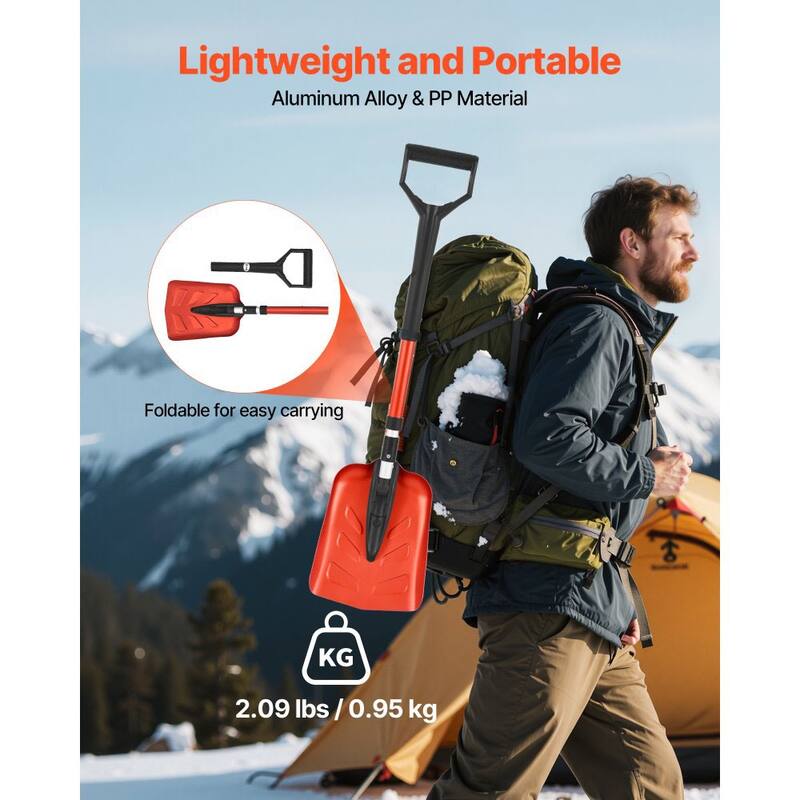 Lightweight Portable Adjustable Aluminum Alloy Snow Shovel with D-Shaped Handle for Driveway and Car Use - Red-40.5"