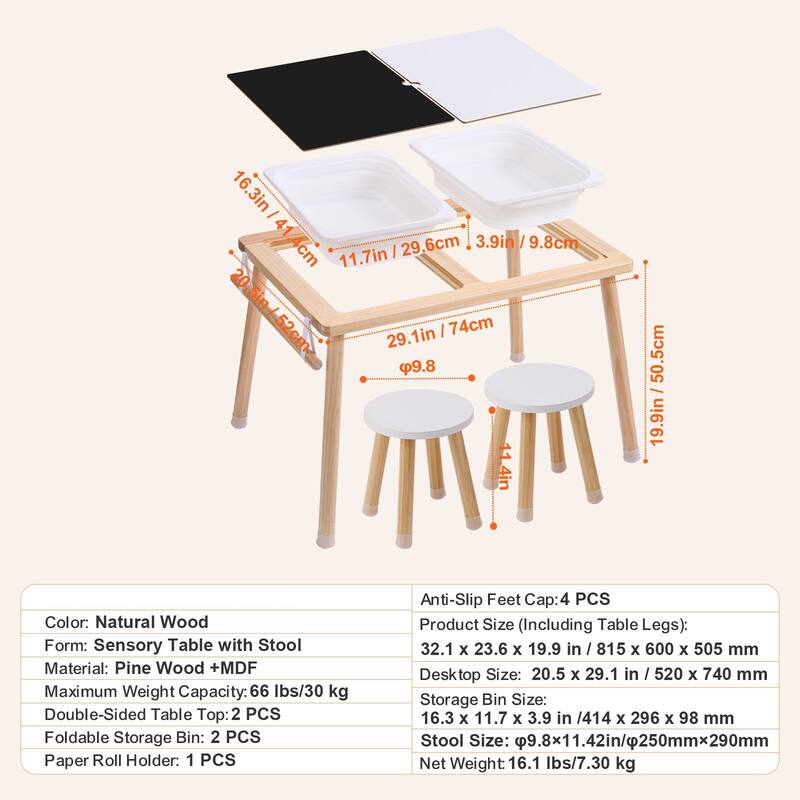 Natural Wood Pine Sensory Table Set with Stools & Storage Bins - 32.1" x 23.6" x 19.9"
