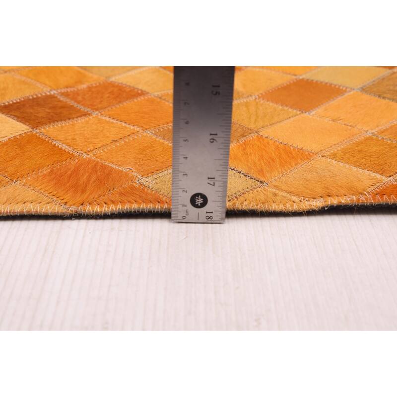 ECARPETGALLERY Handmade Cowhide Patchwork Orange Leather Rug - 6'0 x 6'0