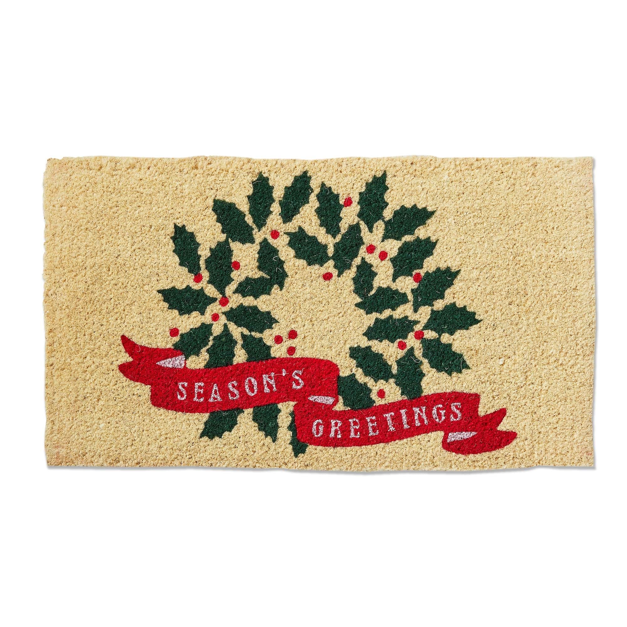 Season's Greetings Coir Door Mat - Christmas Wreath Design, Natural Coir, 30" x 17" - Easy to Clean, Green Multi