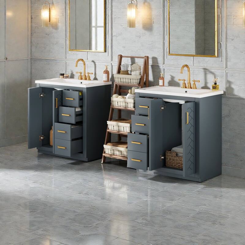 60 Inch Bathroom Vanity Set with Ceramic Sink, Solid Wood Frame Freestanding Cabinet with Soft Close Doors and Drawers