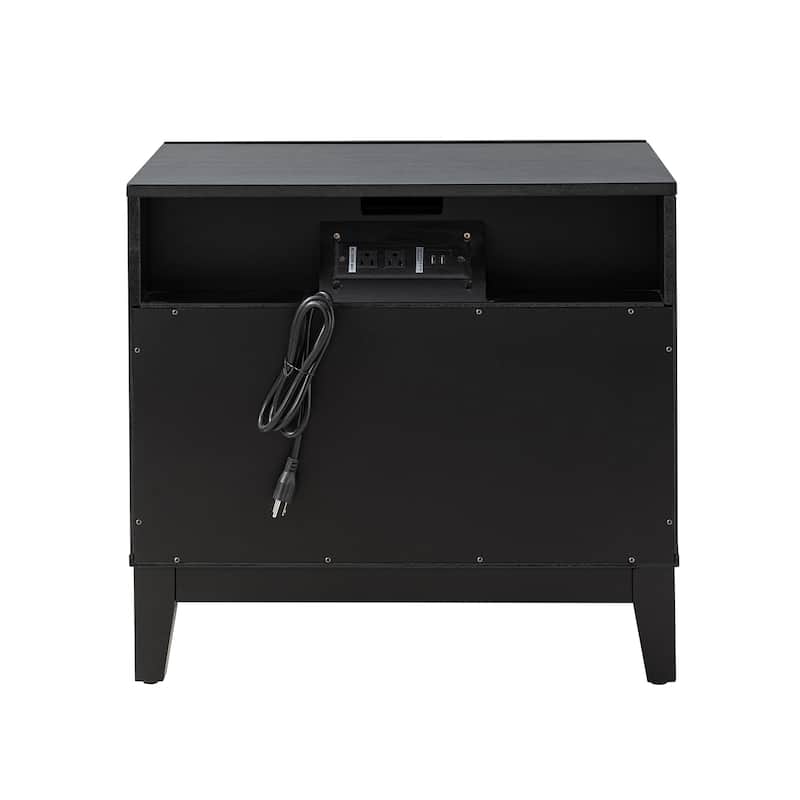 Ethe Mid-Century 2-Drawer Storage Nightstand with Adjustable Solid Wood legs and Charging Station Set of 2 By HULALA HOME