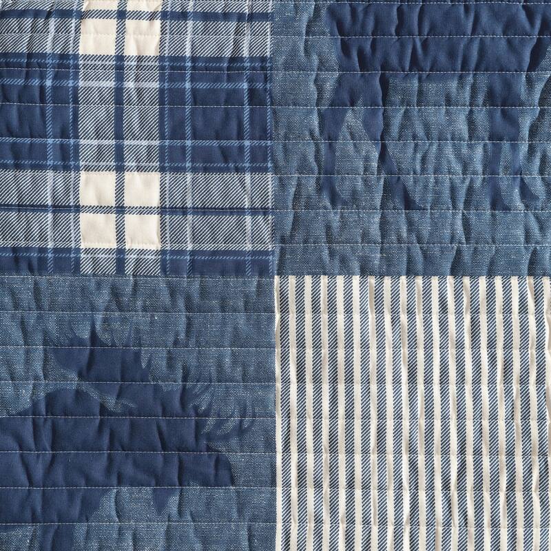 Eddie Bauer Moose Plaid Pinstripe Patchwork Cotton Blue Quilt Set