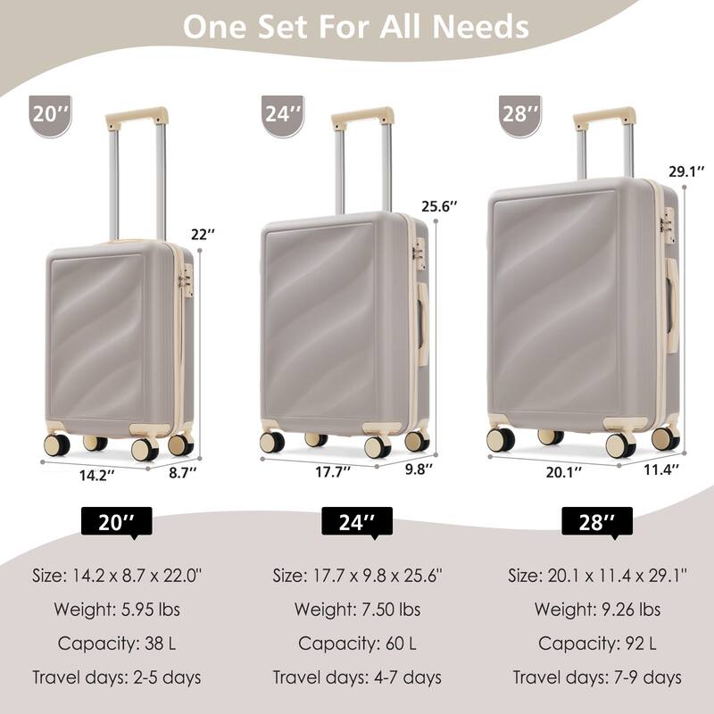 3-Piece, 20, 24, 28-Inch Modern Luggage Sets, Lightweight Luggage with Side Hooks and TSA Lock, for Boarding Travel