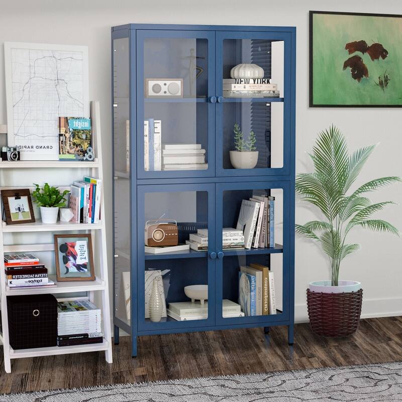 Storage Cabinet with 4 Glass Doors, Modern Sideboard Cabinet with Adjustable Shelves & Steel Feet, Accent Cabinet for Kitchen