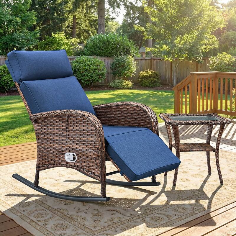Pocassy Versatile Outdoor Recliner Rocker Chair with Side Table - Brown Wicker with Blue Cushion - 2-Piece Rocker Recliner Chair with Side Table