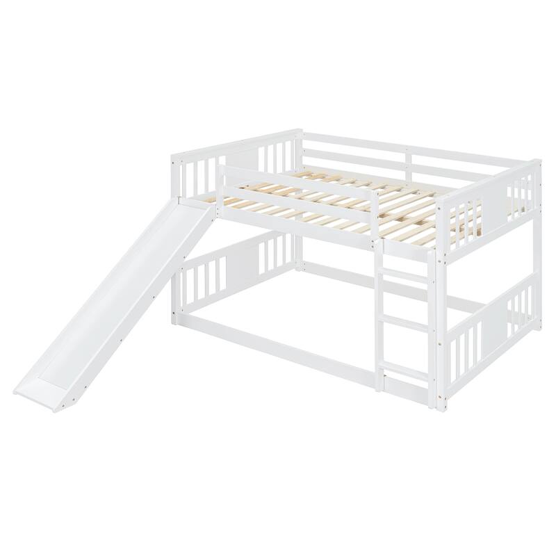 Floor Bunk Bed Full Over Full Wooden Bed Frame with Ladder and Slide
