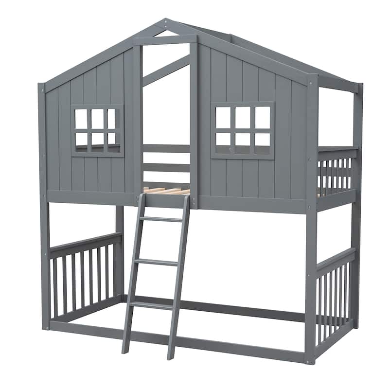 Full Size Loft Bed with Playhouse Design, Built-in Desk and Shelves
