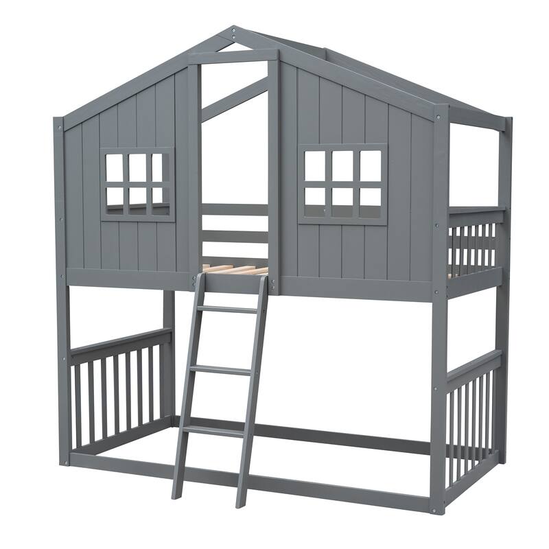 Roomfitters Twin Over Twin House Bunk Bed with Ladder, Playhouse Design Wood Frame