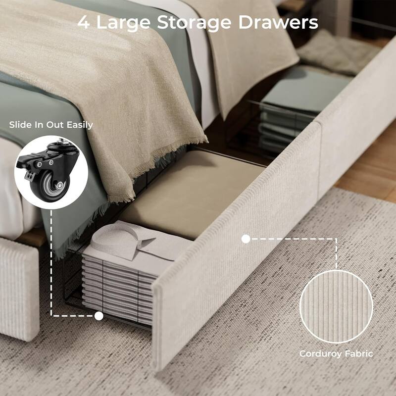 Platform Bed with 4 Storage Drawers, Tufted Wingback Upholstered Headboard, Strong Wood Slat Support