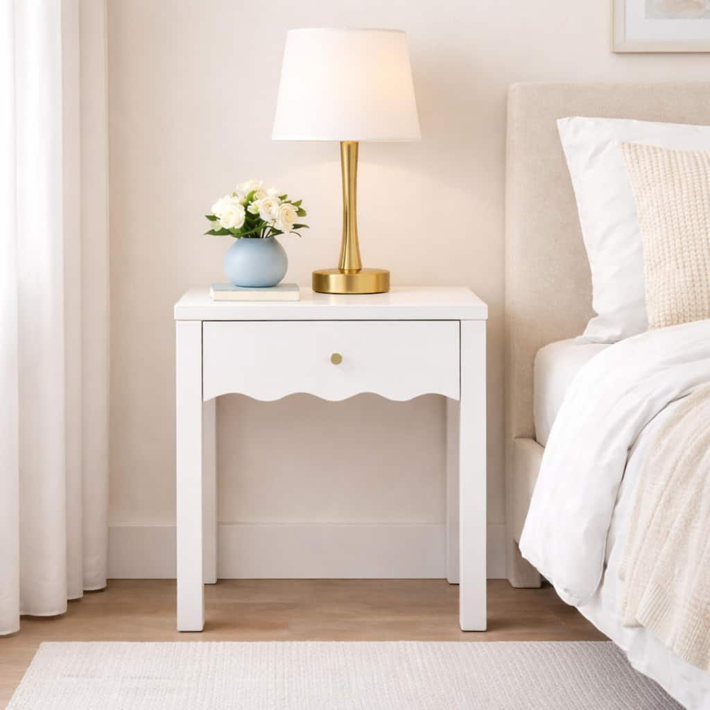 White Nightstand with Drawer, Modern Bedside Table with Wavy Apron Design, Compact End Table, Small Side Table with Storage