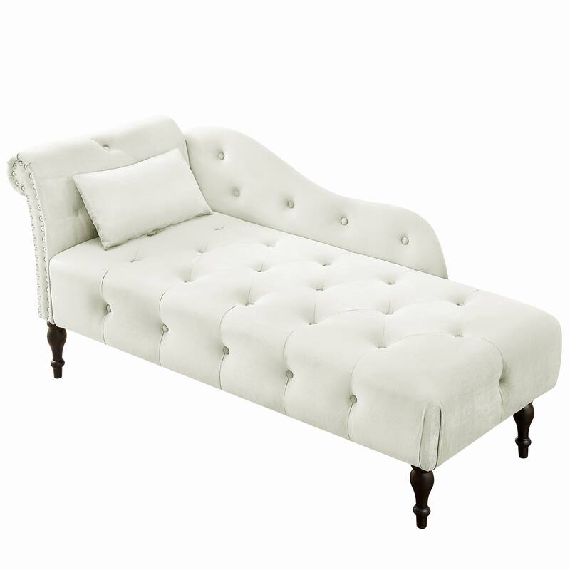60.6" Velvet Chaise Lounge Buttons Tufted Nailhead Trimmed Solid Wood Legs with 1 Pillow,Blue (Left Arm Design)