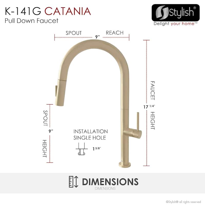 Single Handle Pull-Down Sprayer Kitchen Faucet K-141 - Height: 17.25" Spout H: 9" Spout R: 9"