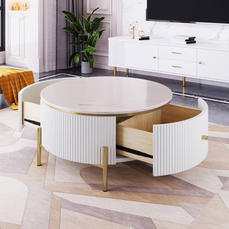 Roomfitters Modern Round Coffee Table with Storage, Gold Metal Legs, White Marble Top, 2 Hidden Compartments 31.5"