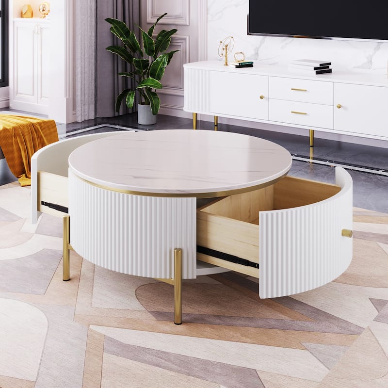 Wood Coffee Table with Storage Drawer, Modern Cocktail Table with Faux Marble Top for Living Room Small Space