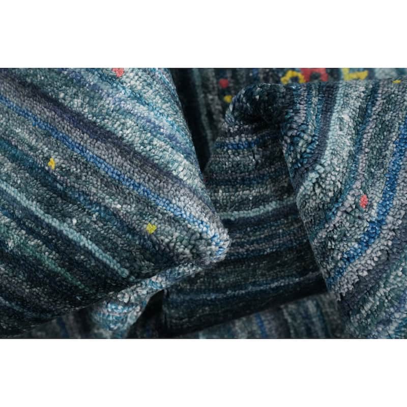Hand Knotted Oriental Viscose Silk Carpet Tribal Animal Pictorial Navy Blue & Blues Gabbeh Area Rug - 5' 9'' X 6' 3''