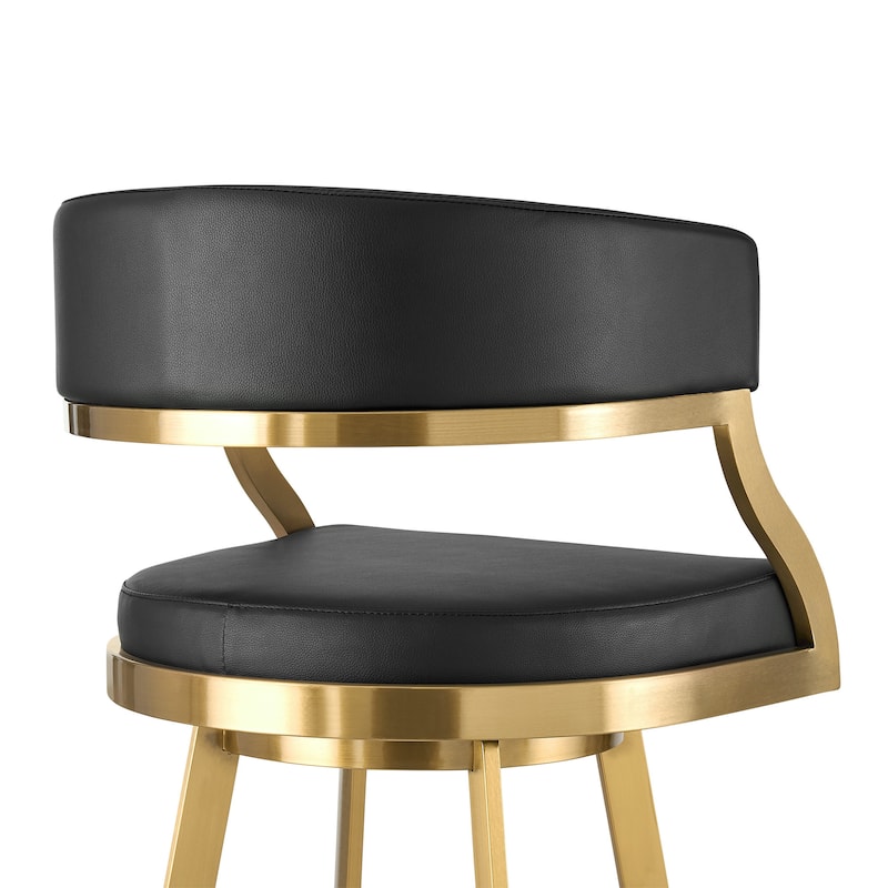 HomeRoots 30" Black and Gold Faux Leather and Stainless Steel Low Back Bar Height Swivel Bar Chair