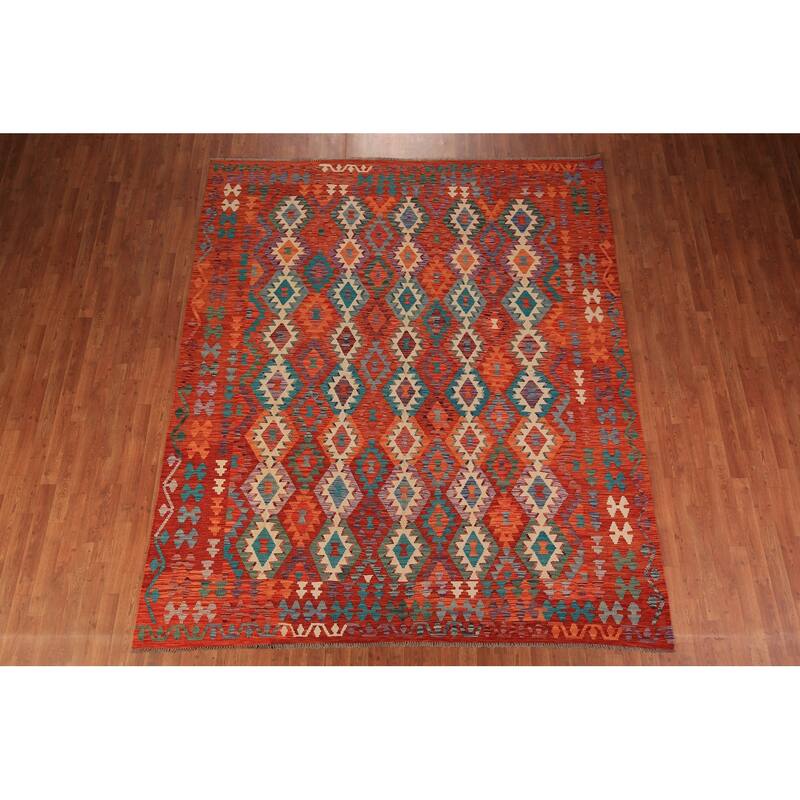 Reversible Orange Kilim Oriental Area Rug Hand-Woven Wool Carpet - 8'3" x 9'9"