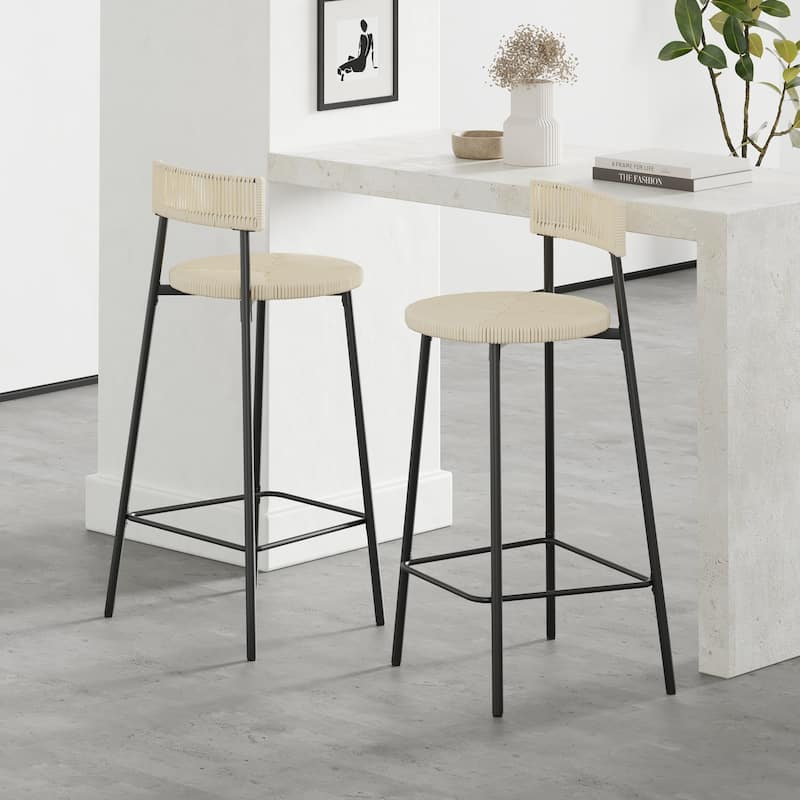 Counter Stools Set of 2 Handwoven Paper Rope Bar Stools Boho Round Dining Pub Chairs for Kitchen - Creamy White