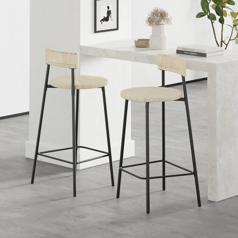 Hand Woven Bar Stools with Back Set of 2 Paper Rope Round Barstools with Footrest for Kitchen Island & Dining Rooms - Creamy White