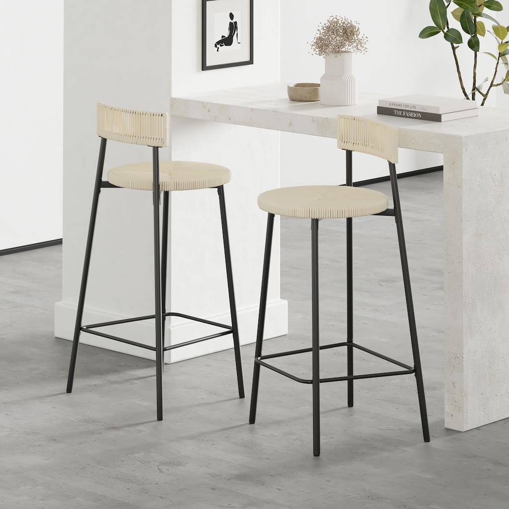 Ostweer Furniture Set of 2 Handwoven Paper Rope Bar Stools - Creamy White