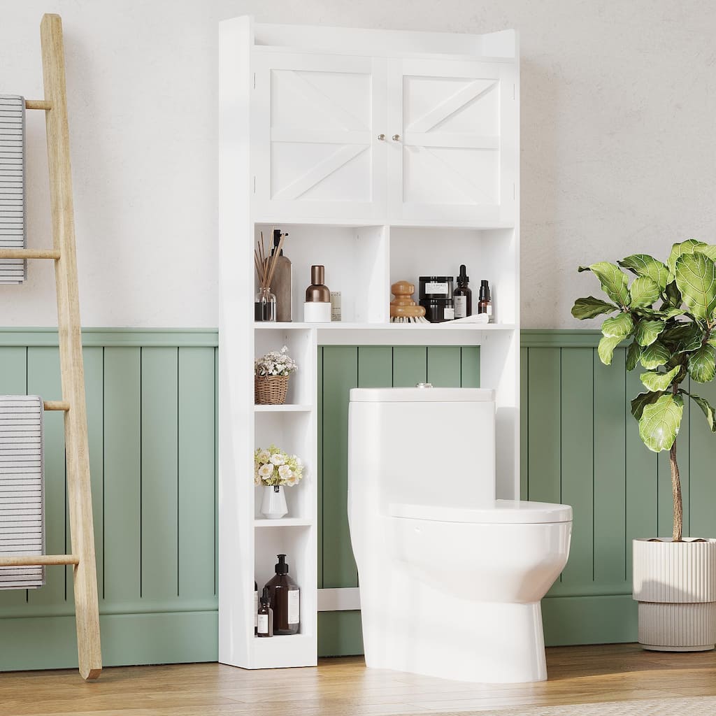 Anmytek Over The Toilet Storage Cabinet with Barn Door, Rustic Farmhouse Bathroom Laundry Organizer with Adjustable Bottom Bar