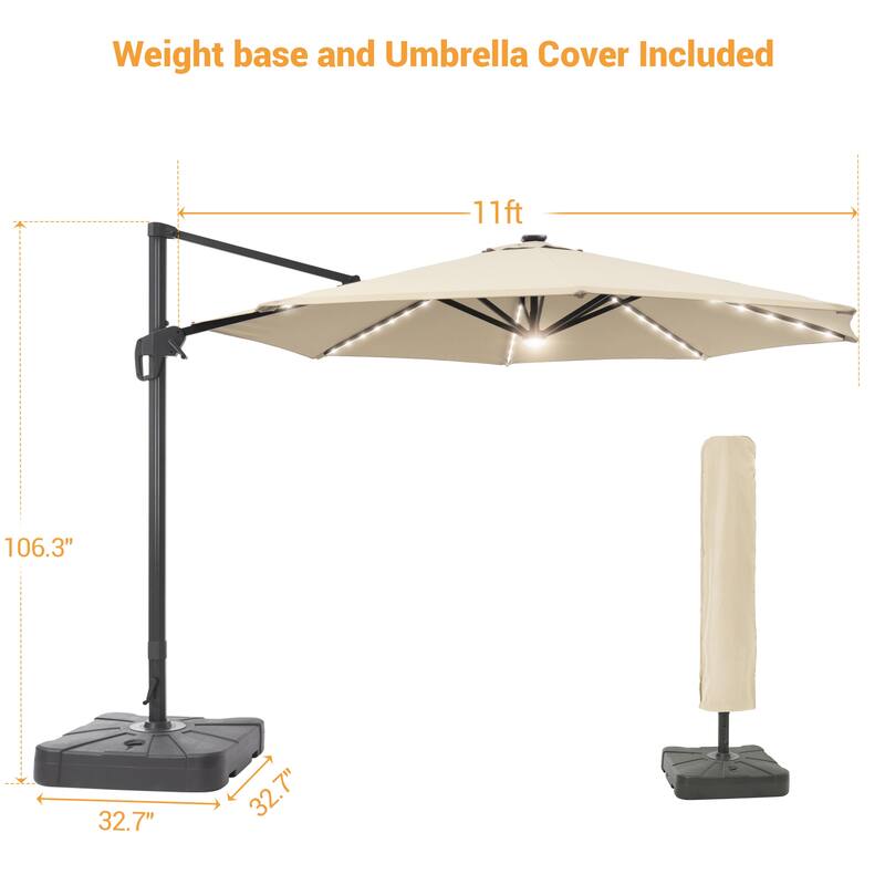 LIVOOSUN 11FT Huge Patio LED offset umbrella Cantilever Umbrella