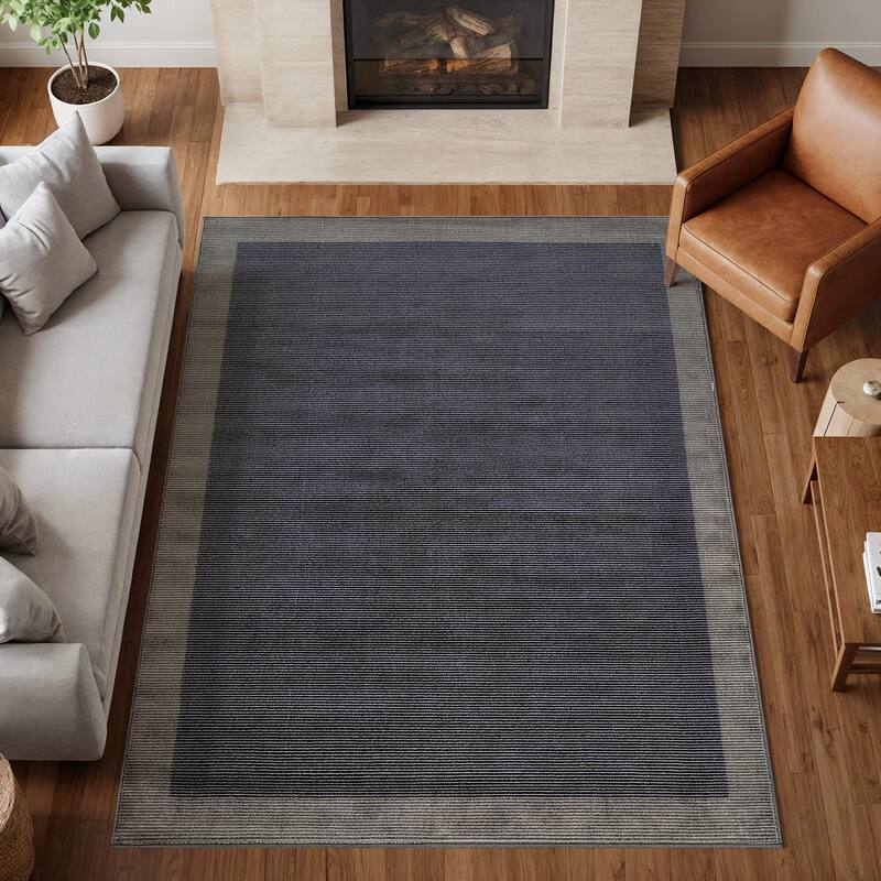 Modern Geometric Stripe Bordered Area Rug for Living Room, Bedroom, or Entryway - Low Pile Indoor Rug