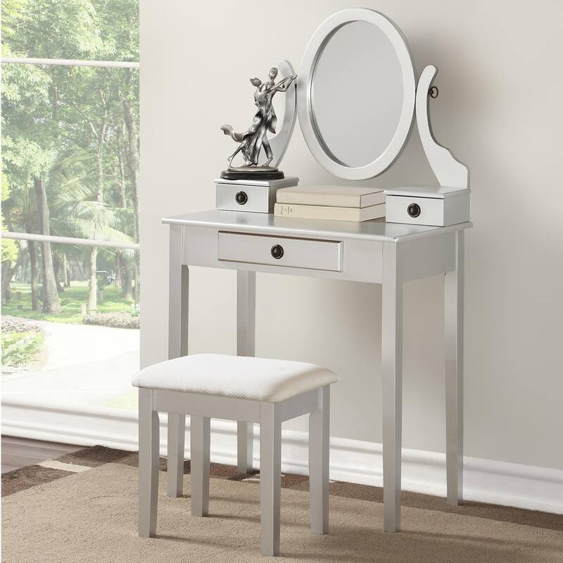 Bedroom Makeup Vanity Desk and Stool Set, Vanity Set Includes Dressing Table, Swivel Adjustable Oval Mirror and Stool - Silver
