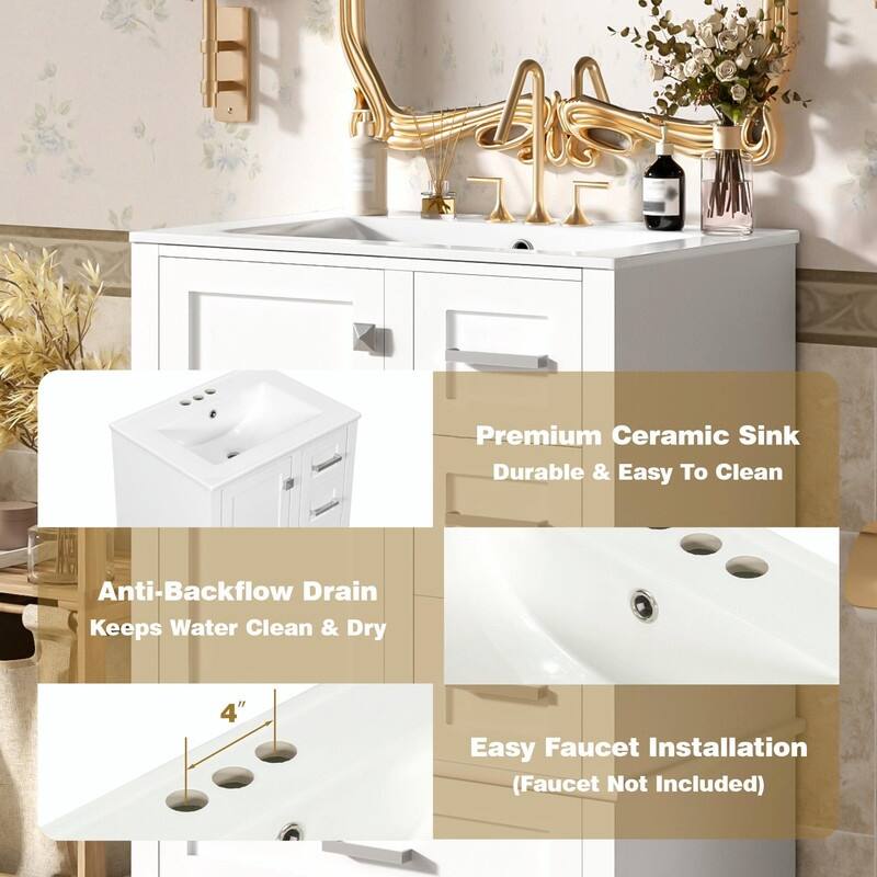 24.8" Bathroom Vanity with Ceramic Sink, Modern Freestanding Cabinet with Soft-Close Door and 3 Storage Drawers