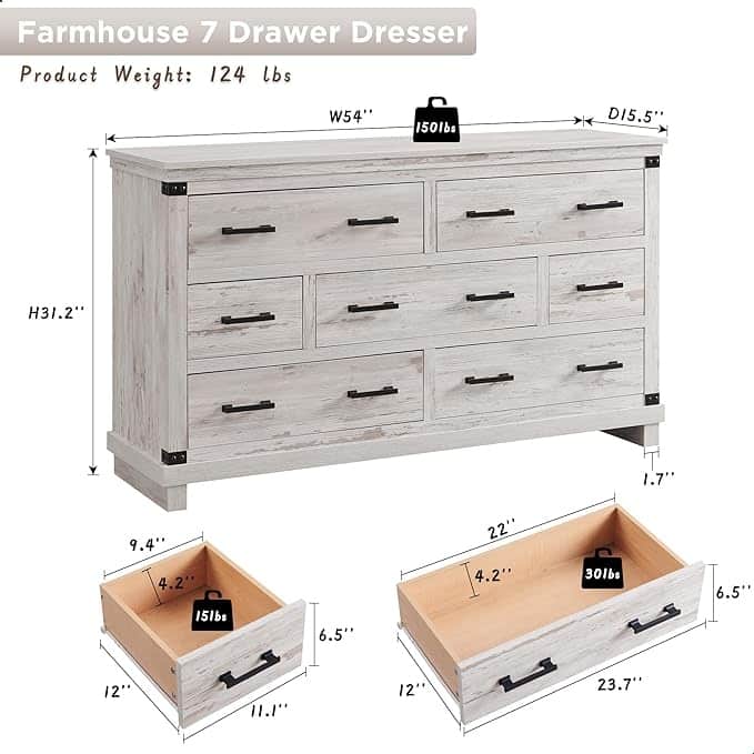 Farmhouse 7 Drawers Dresser, Wood Chest of Drawers, Closet Dresser