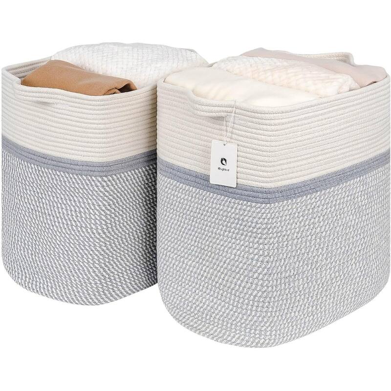 Storage Baskets for Clothes Fabric Cotton Rope Storage Basket with Handles - 14"L x 11"W x 14"H - White/Gray