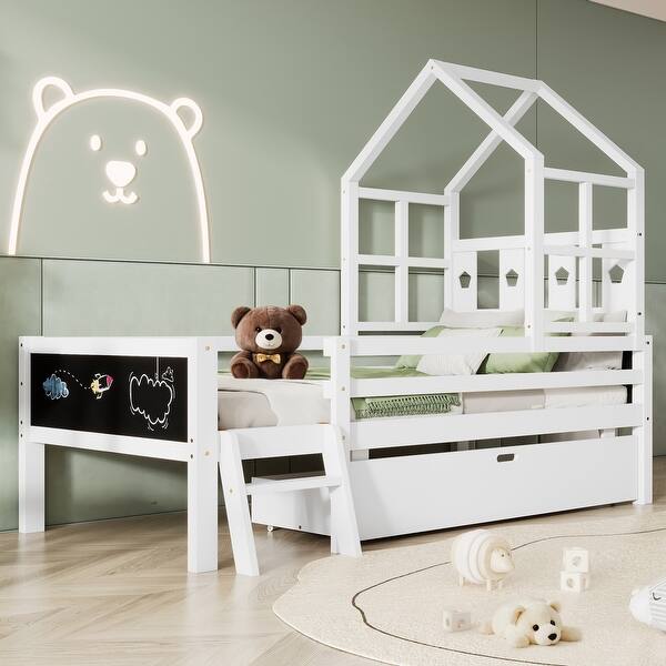 slide 2 of 17, Twin Size House Bed with Ladder and Storage Drawers,Solid Wood Platfrom Bedframe with 2 Blackboard Design,No Box Spring Needed White