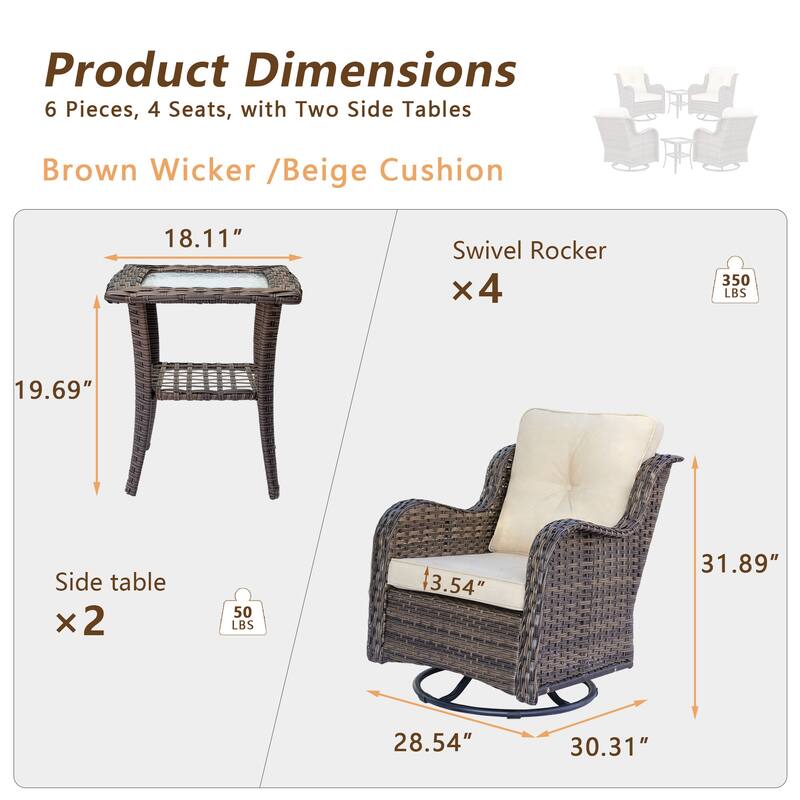 6 piece Outdoor Wicker Patio Furniture Set with Swivel Chairs and Cushions