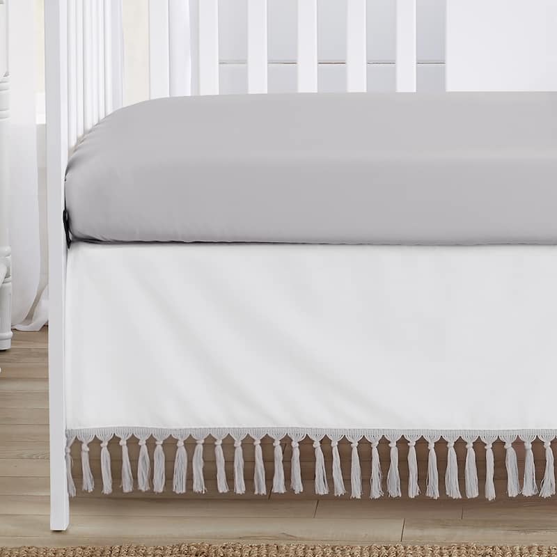 Boho Bohemian Boy Girl 4pc Nursery Crib Bedding Set - Grey White Farmhouse Shabby Chic Modern Gray Tufted Fringe Neutral Unisex