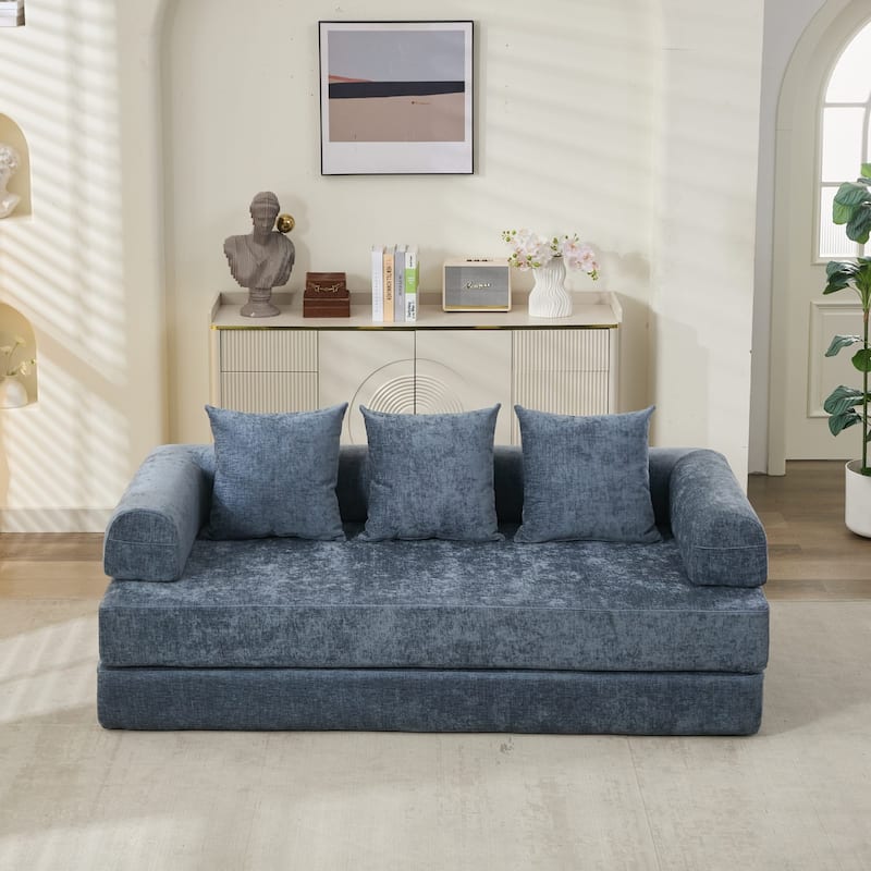 Chenille Floor Sofa Bed - Foldable Mattress Couch with Armrests, Convertible Lounge Chair for Living Room, Bedroom or Studio