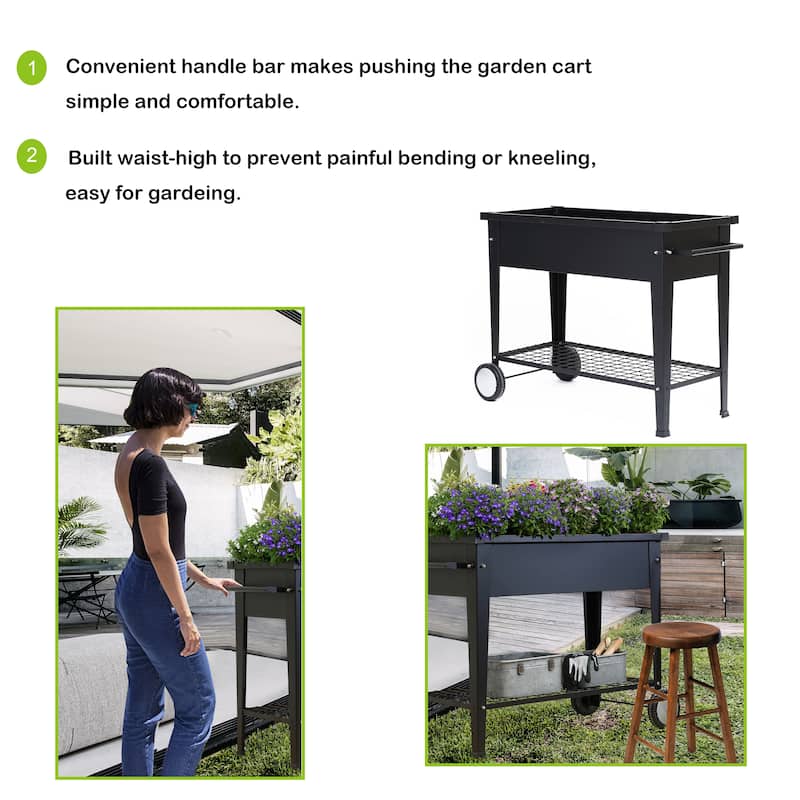Black Mobile Metal Raised Garden Bed Planter Cart with Wheels