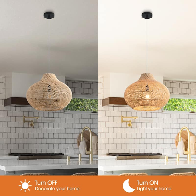 14" Coastal Natural Rattan Woven Round Pendant Light Chandelier