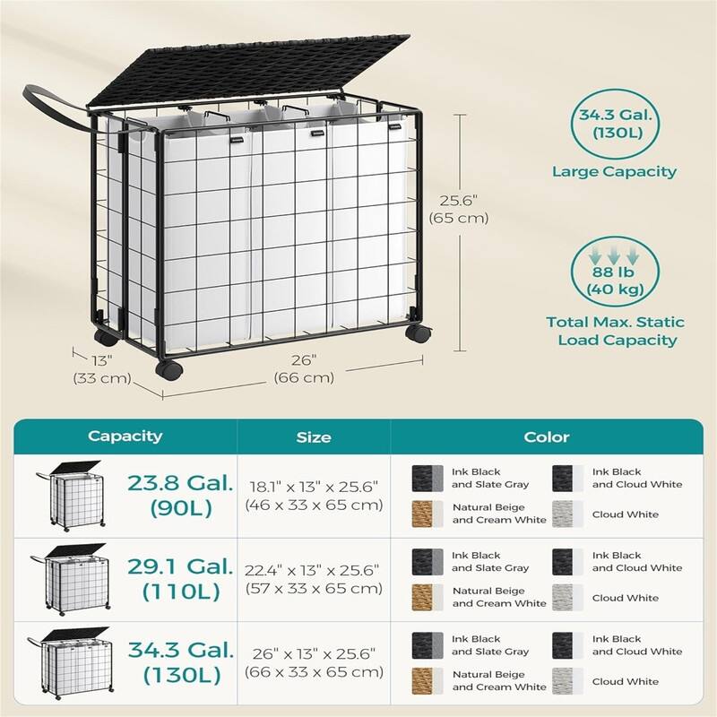 130L Laundry Basket with Lid - 26"L x 13"W x 25.6"H